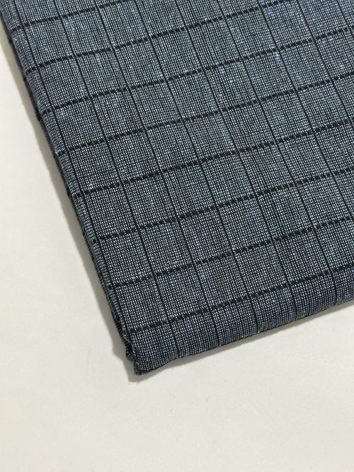Blue grey checked handmade winter wool fabric