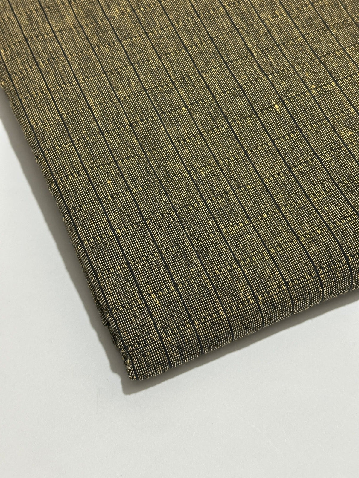 Olive charcoal winter wool fabric with fine golden beige stripes