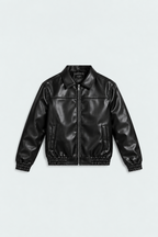 Men's Black Faux Leather Bomber Jacket – Elastic Hem front studio product photo