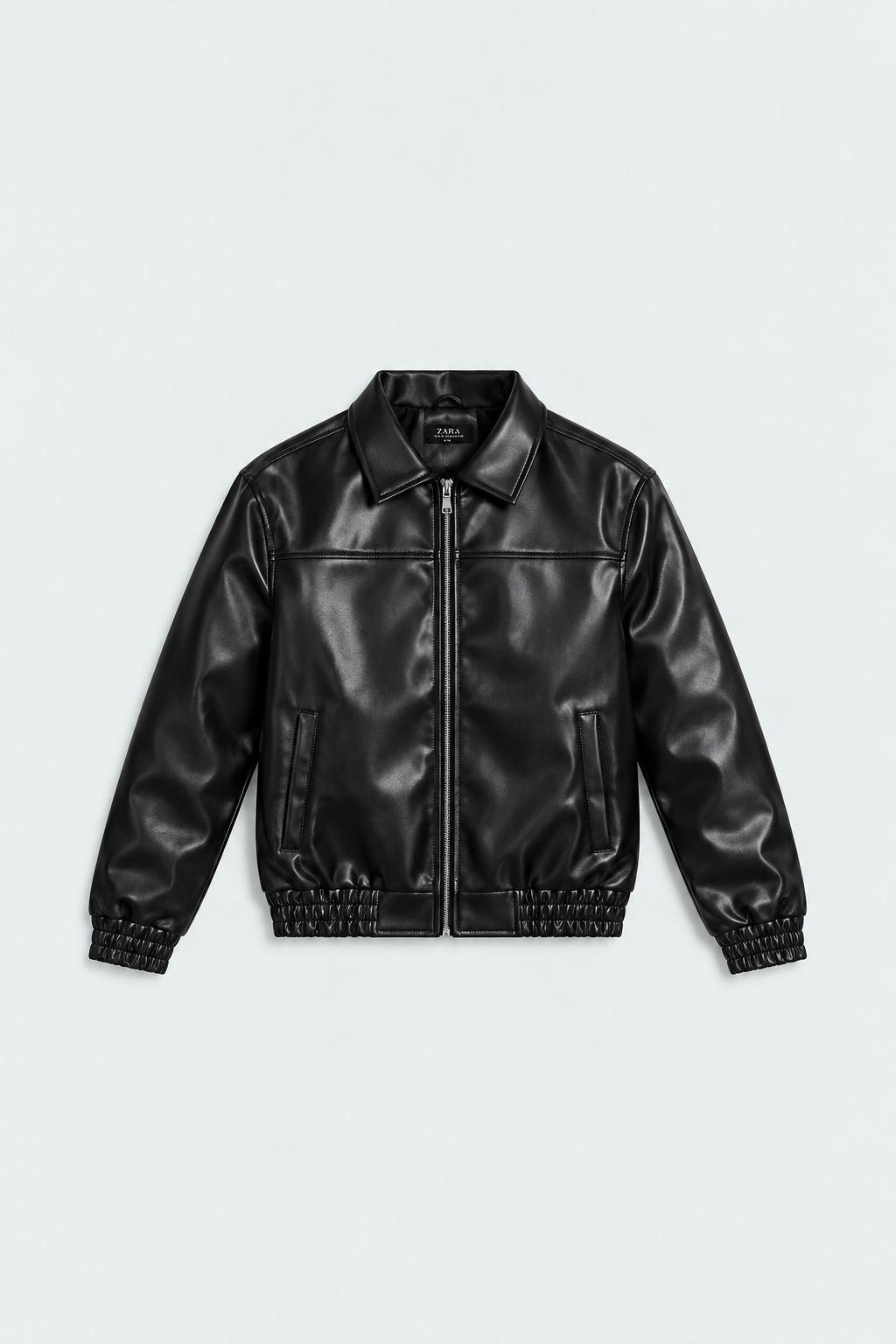 Men's Black Faux Leather Bomber Jacket – Elastic Hem front studio product photo