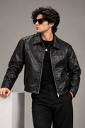 Men's Classic Black Faux Leather Zip-Up Jacket worn by male model