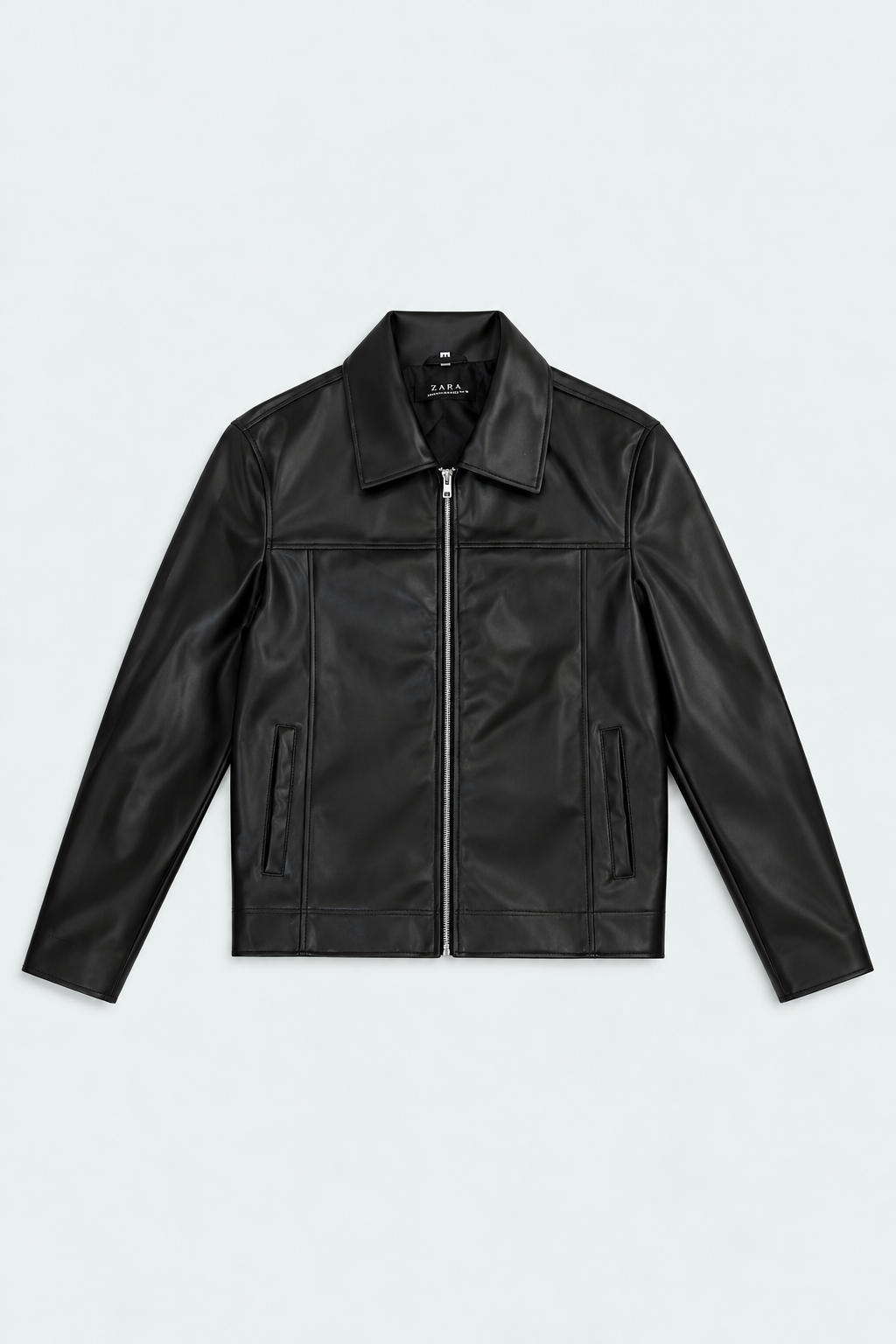 Men's Classic Black Faux Leather Zip-Up Jacket front studio product photo