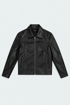 Men's Classic Black Faux Leather Zip-Up Jacket front studio product photo