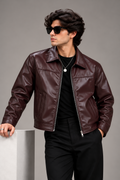 Men's Burgundy Faux Leather Zip-Up Jacket worn by male model