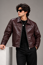 Men's Burgundy Faux Leather Zip-Up Jacket worn by male model