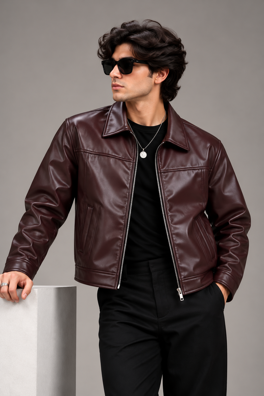Men's Burgundy Faux Leather Zip-Up Jacket worn by male model