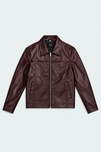 Men's Burgundy Faux Leather Zip-Up Jacket front studio product photo