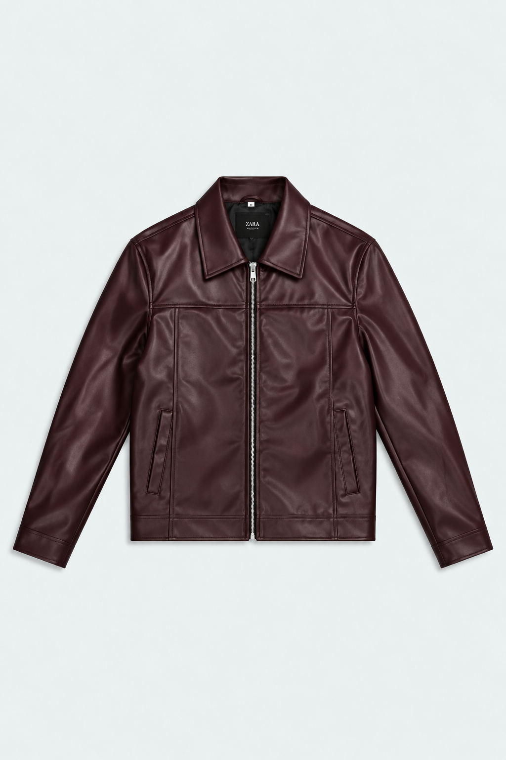 Men's Burgundy Faux Leather Zip-Up Jacket front studio product photo