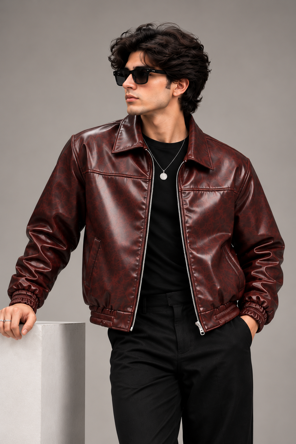 Men's Burgundy Textured Faux Leather Bomber Jacket worn by male model