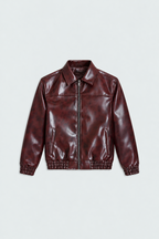 Men's Burgundy Textured Faux Leather Bomber Jacket front studio product photo