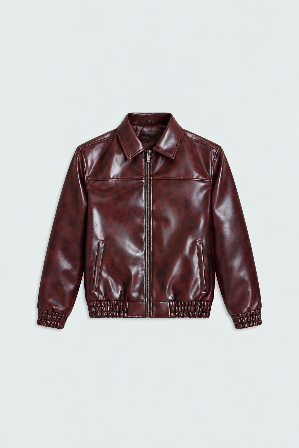 Men's Burgundy Textured Faux Leather Bomber Jacket front studio product photo
