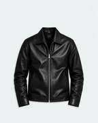 Black minimal men's faux leather jacket front studio product shot