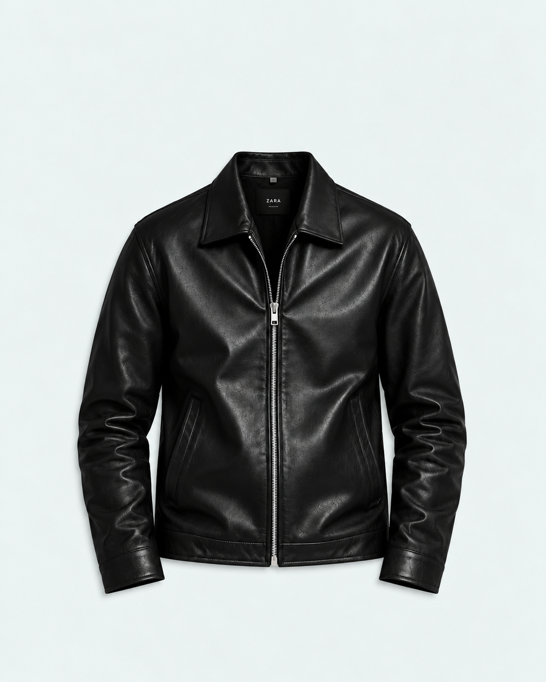 Black minimal men's faux leather jacket front studio product shot