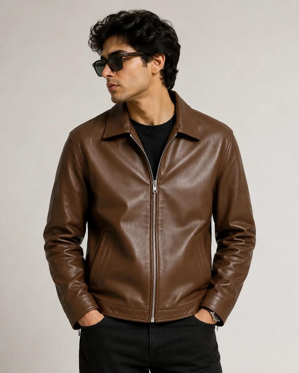 Male model wearing the brown minimal faux leather jacket