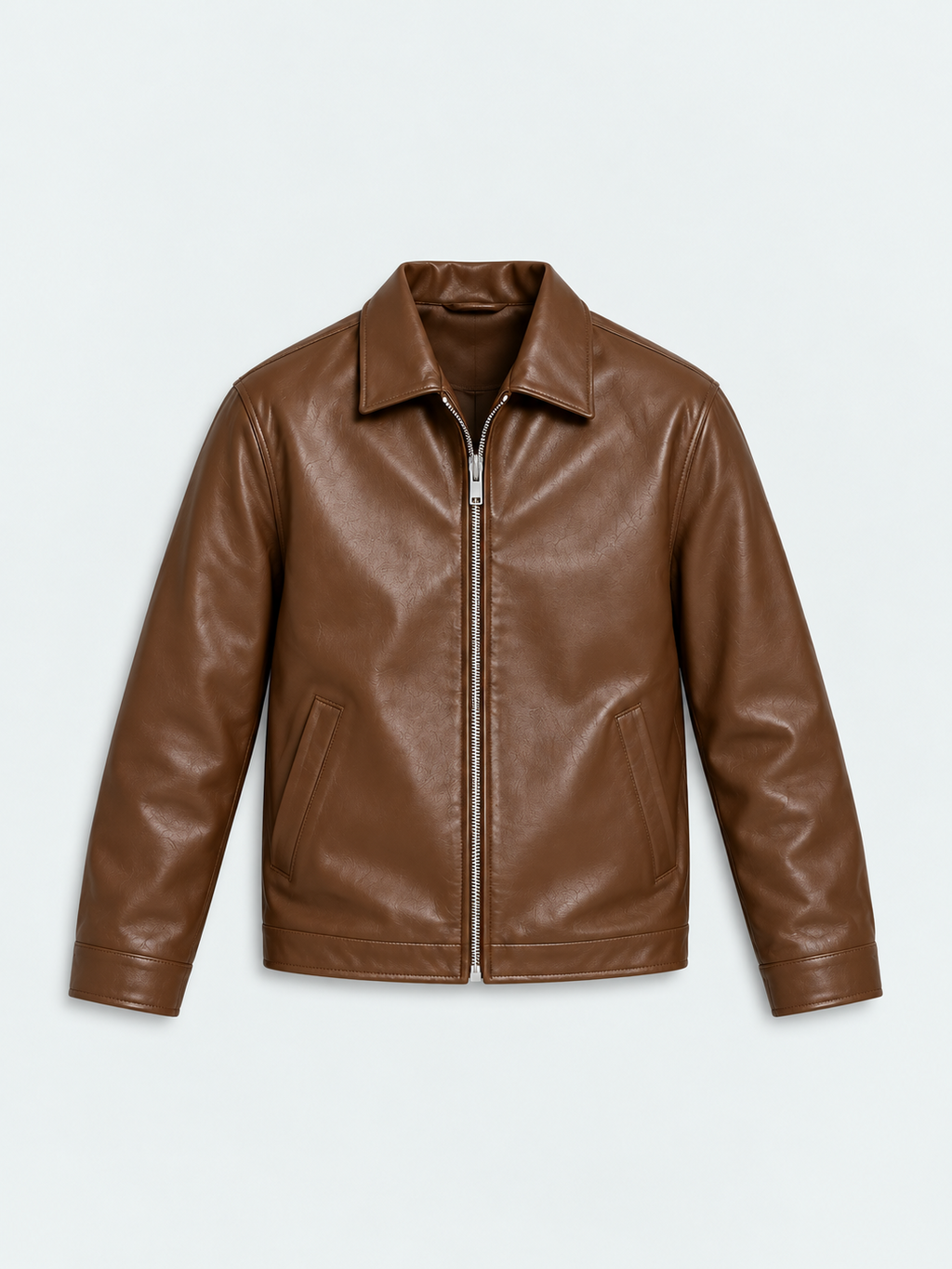Brown minimal men's faux leather jacket front studio product shot