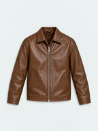Brown minimal men's faux leather jacket front studio product shot