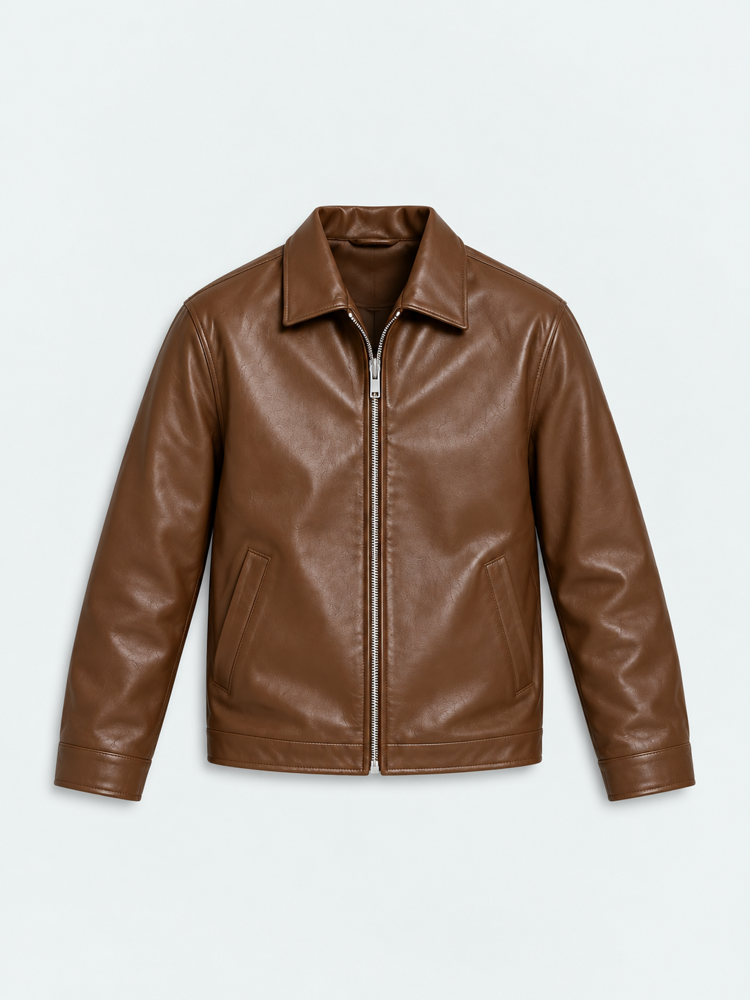 Brown minimal men's faux leather jacket front studio product shot