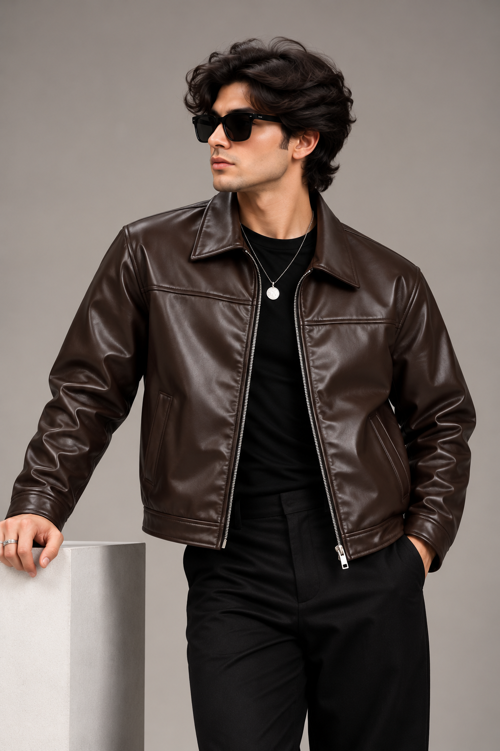Men's Dark Brown Faux Leather Zip-Up Jacket worn by male model