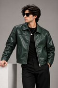 Men's Forest Green Faux Leather Zip-Up Jacket worn by male model