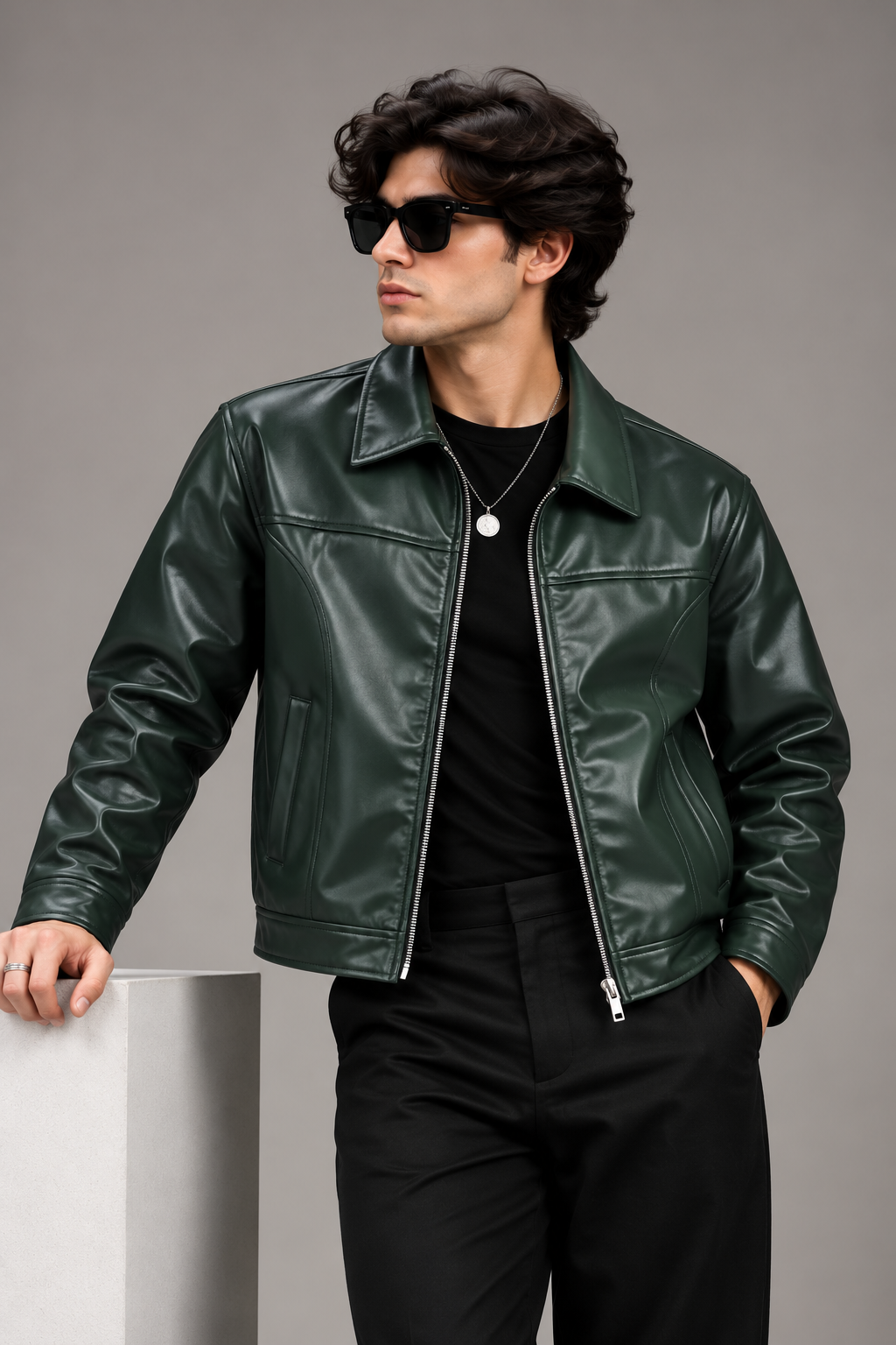 Men's Forest Green Faux Leather Zip-Up Jacket worn by male model
