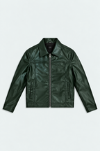Men's Forest Green Faux Leather Zip-Up Jacket front studio product photo