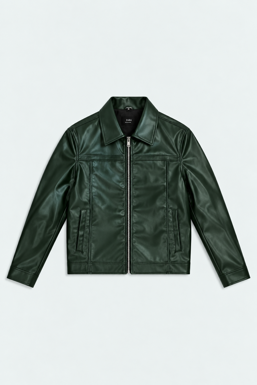 Men's Forest Green Faux Leather Zip-Up Jacket front studio product photo