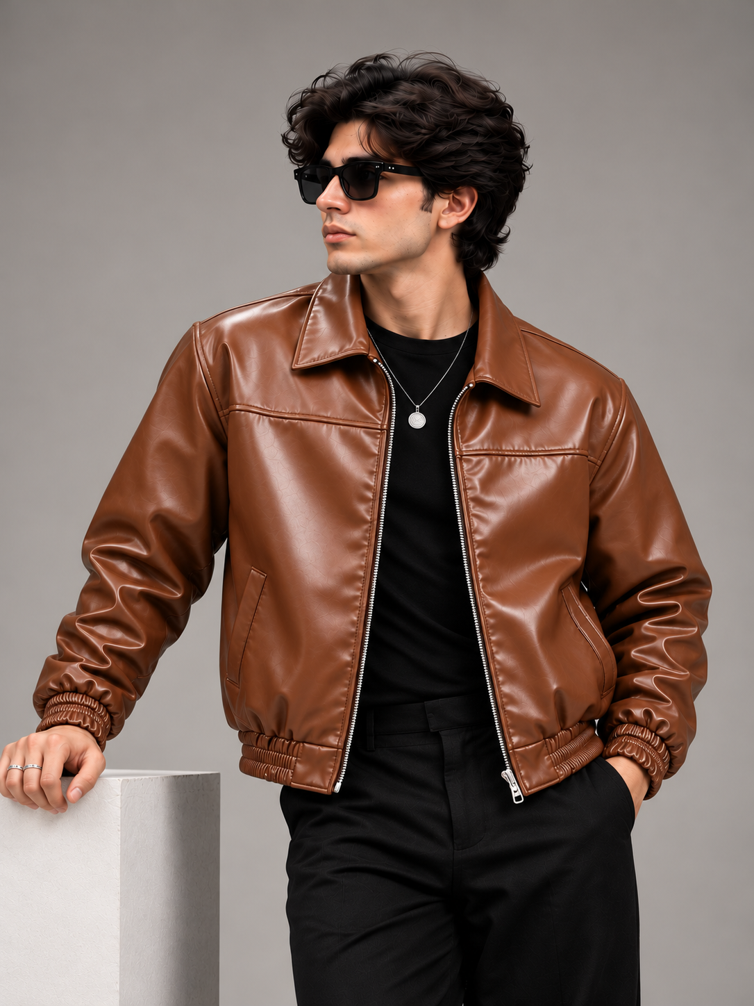 Men's Tan Brown Faux Leather Bomber Jacket worn by male model