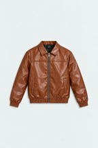 Men's Tan Brown Faux Leather Bomber Jacket front studio product photo