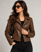 Women's brown faux leather biker jacket model photo