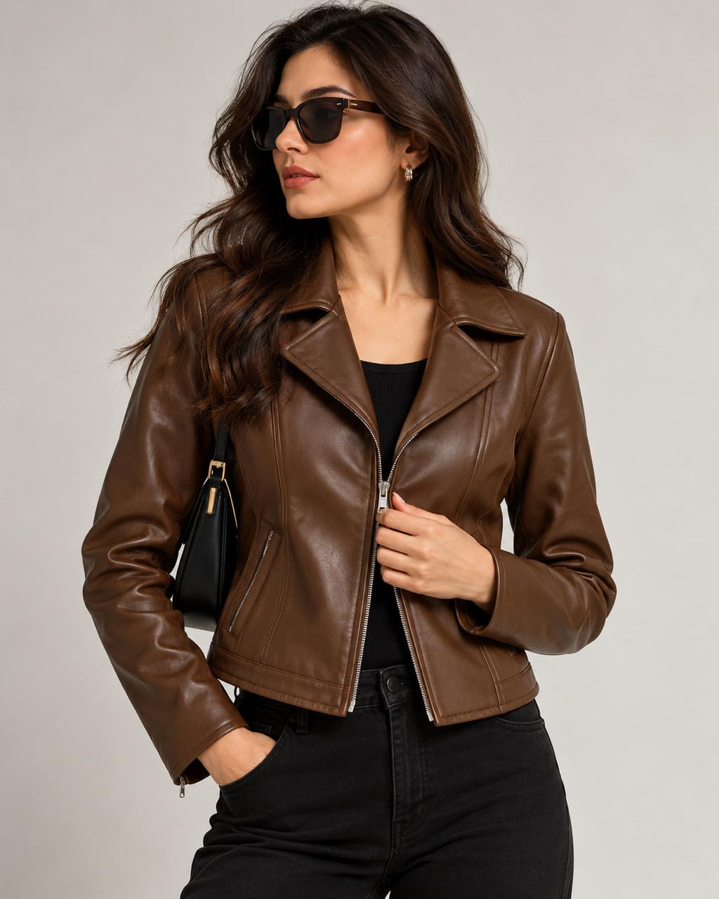 Women's brown faux leather biker jacket model photo