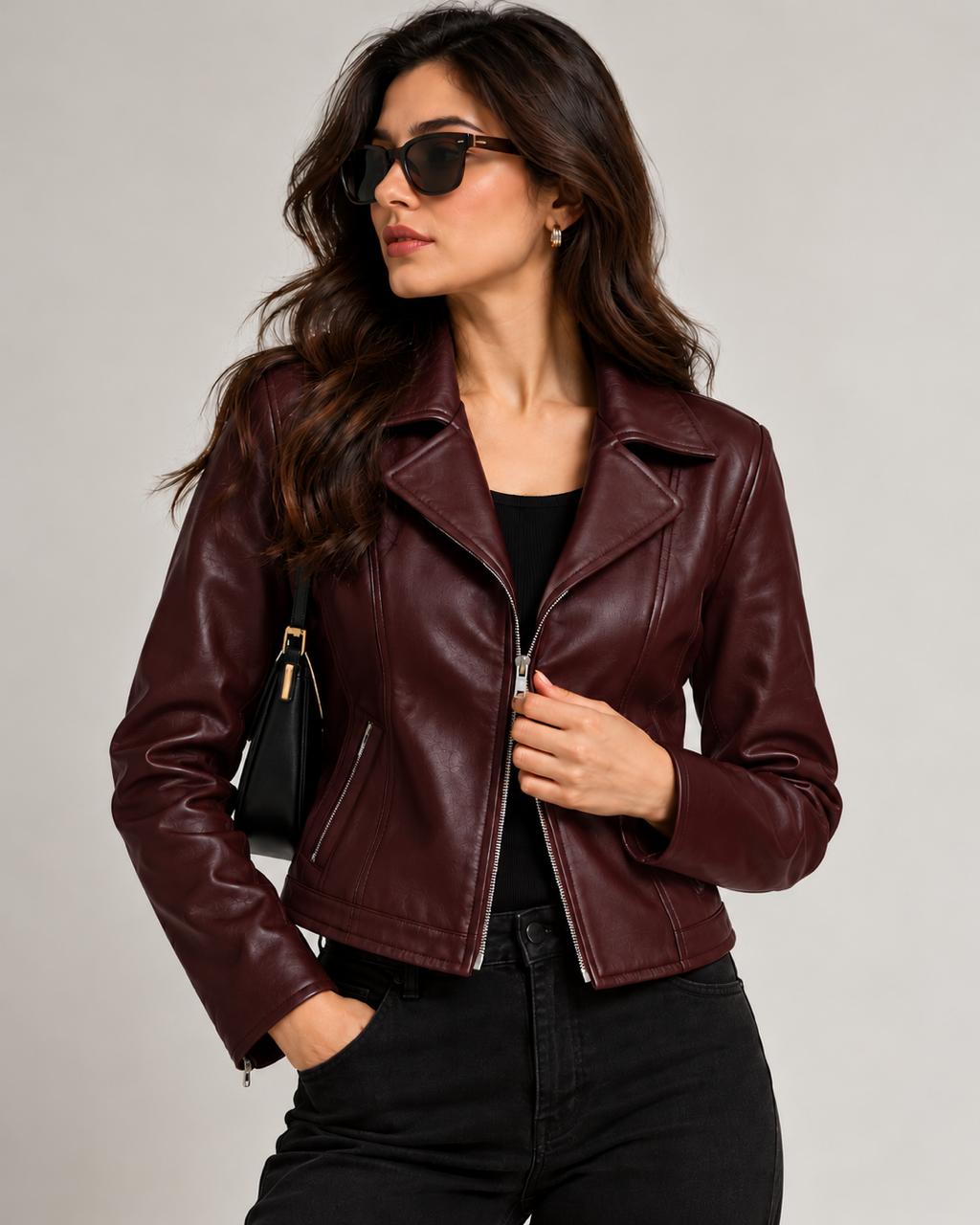 Women's burgundy faux leather biker jacket model photo