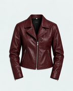 Women's burgundy faux leather biker jacket studio photo