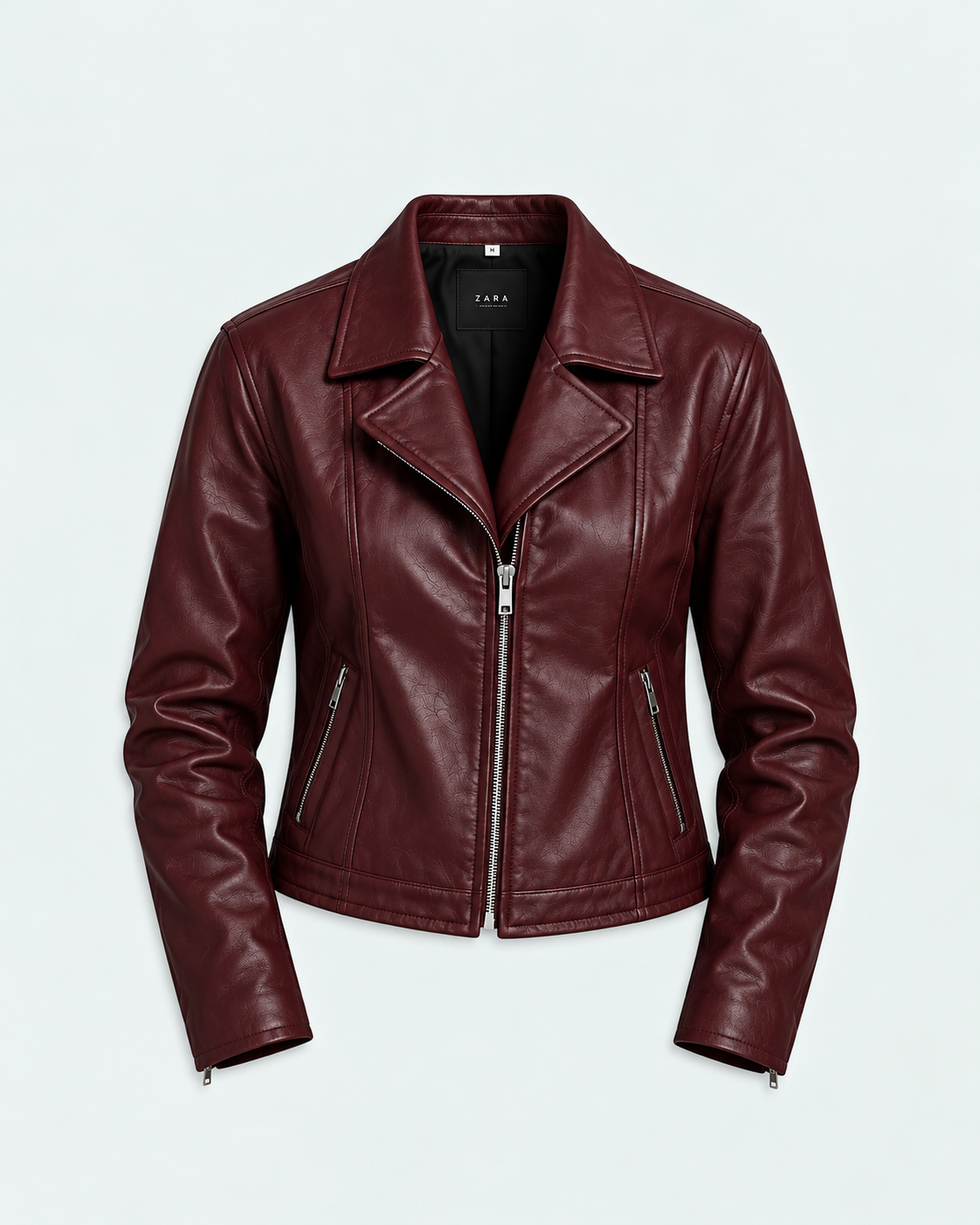 Women's burgundy faux leather biker jacket studio photo